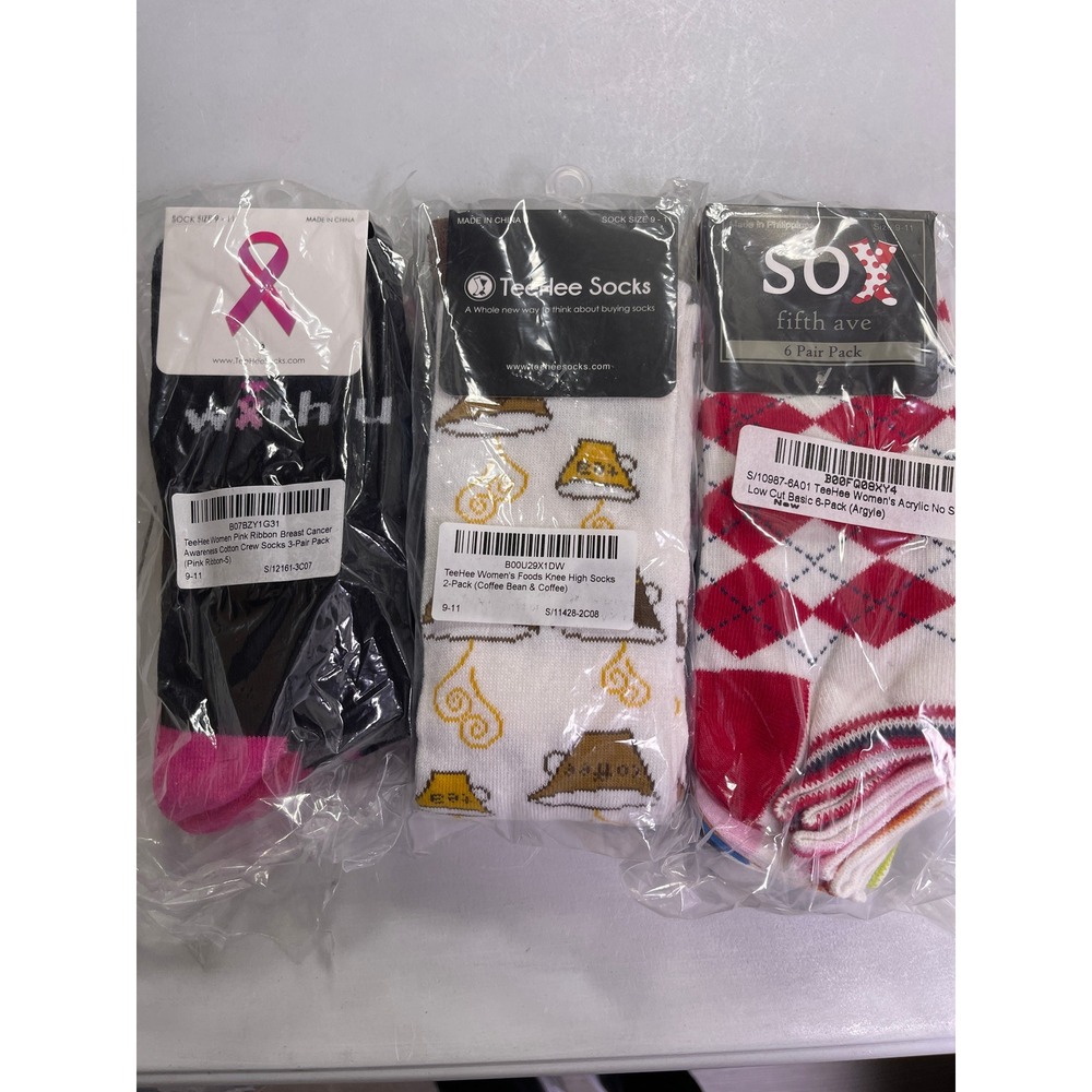 3 Pcs TeeHee Socks Bundle Acrylic Cotton Argyle Coffee Pink Ribbon 9-11 Womens